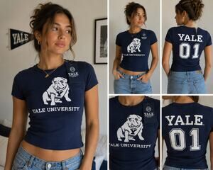 Yale University Baby Tee XS Navy Bulldog Graphic T-Shirt NWT Y2K Preppy Cotton